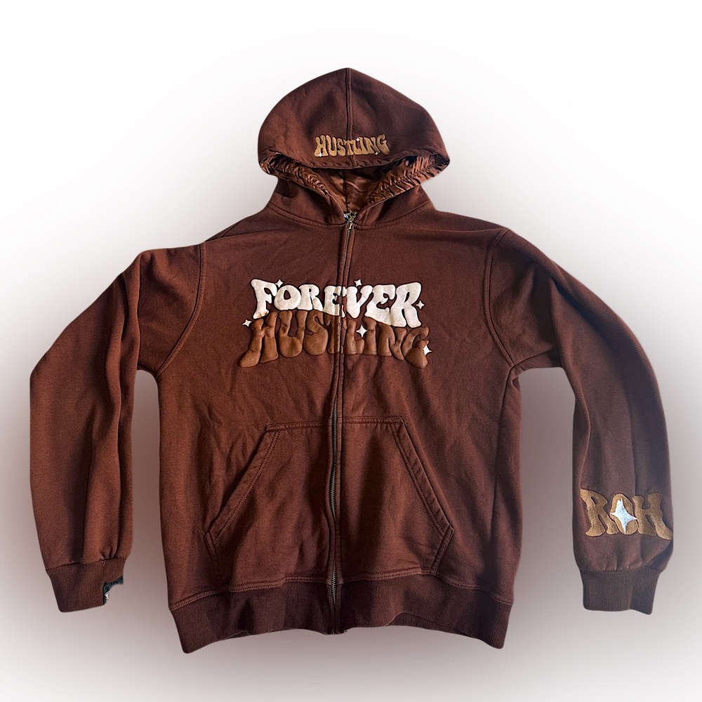 Forever Hustling Satin-Lined Zip-Up Hoodie – Brown, Bold Design, Size L